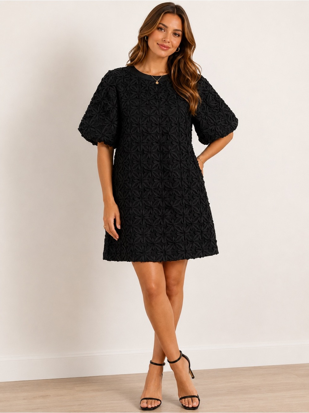 Very J Black Floral 3D Appliqué Romantic Lace Mini Dress SzL NWT FLAWED
